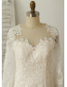 Long Sleeves Ivory Lace Beaded Wedding Dress With Champagne Lining